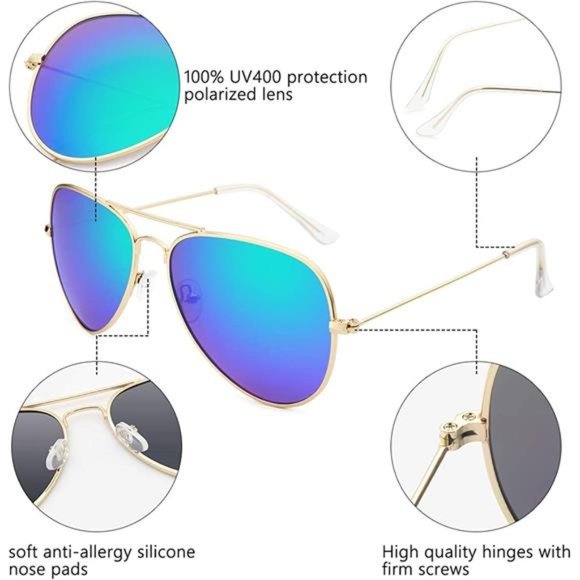 2 Pack Sunglasses Men Women Aviator Polarized Metal Mirror UV400 Lens Protection - Picture 6 of 6